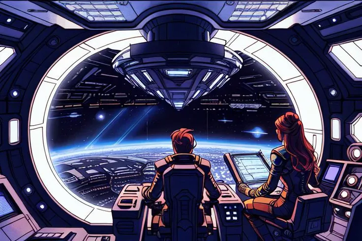 <lora:Valerian&Laureline-comic-style:0.5>| viewed from inside a spaceship| a man at a spaceship console with a woman sitting in a chair| massive space station in view through a large glass window| spaceship| intricate and highly detailed| illustration| pre...