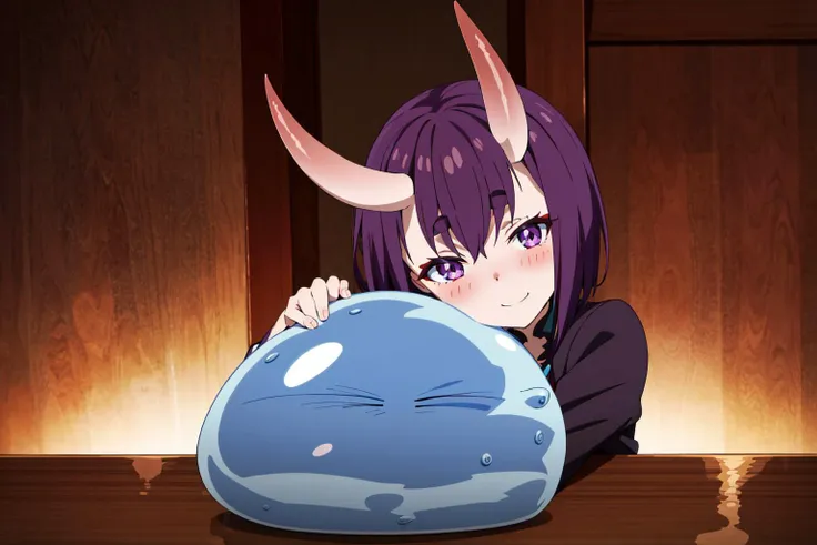 anime girl with horns holding a blue object in front of her face