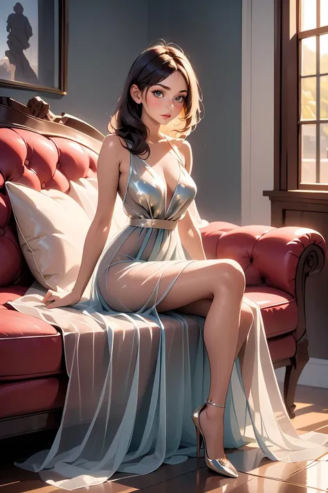 (masterpiece, best quality), 1girl,  <lora:diaphanous_dress-1.0-full:1> diaphanous dress, sitting, couch, luxurious inside,