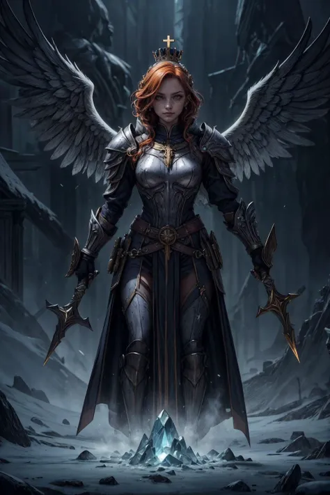 a woman with wings and armor standing in a snowy area