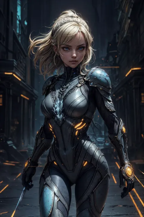 a woman in a futuristic suit with a sword in a city