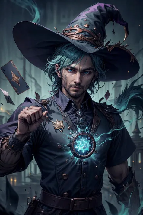 a man with a hat and a wand holding a magic card