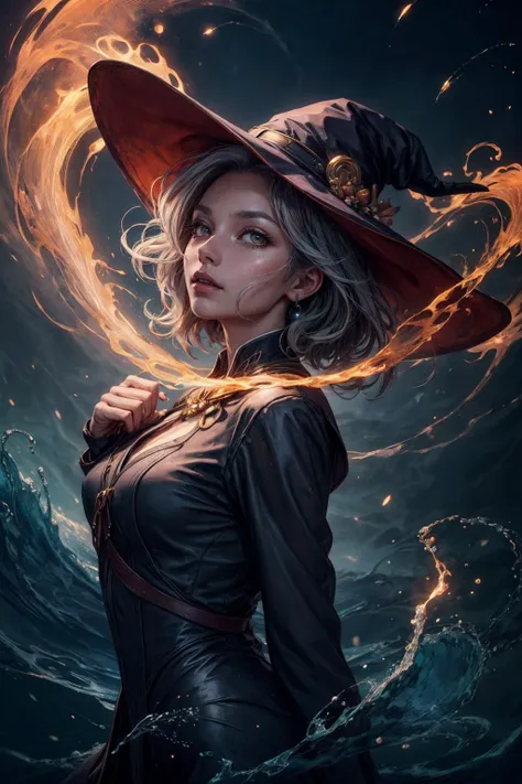 a woman in a witch hat with a large fire on her head