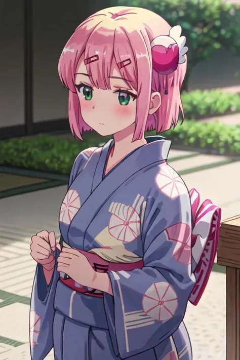 best quality, masterpiece, highres, solo, {yukata:1.40}, {kimono:1.20}, {chiyoda_momo_thedemongirlnextdoor:1.15}, pink_hair, short_hair, hair_ornament, blush, hairclip, closed_mouth, bangs, shiny_hair, green_eyes