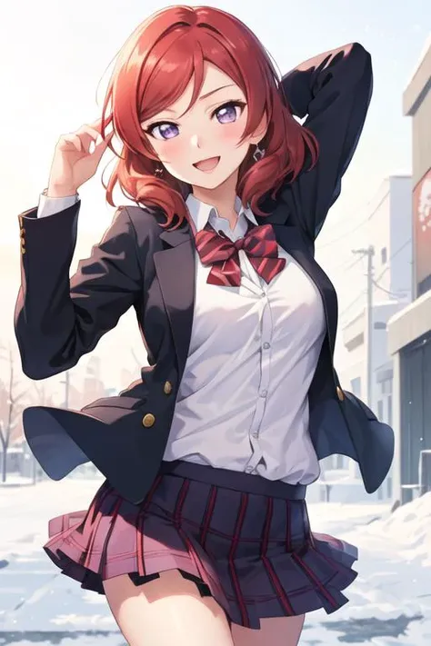 best quality, masterpiece, highres, solo, {nishikino_maki_lovelive:1.15}, red_hair, purple_eyes, blush, short_hair, smile, 1girl, blazer, jacket, otonokizaka_school_uniform, school_uniform, bow, looking_at_viewer, skirt, winter_uniform, open_mouth