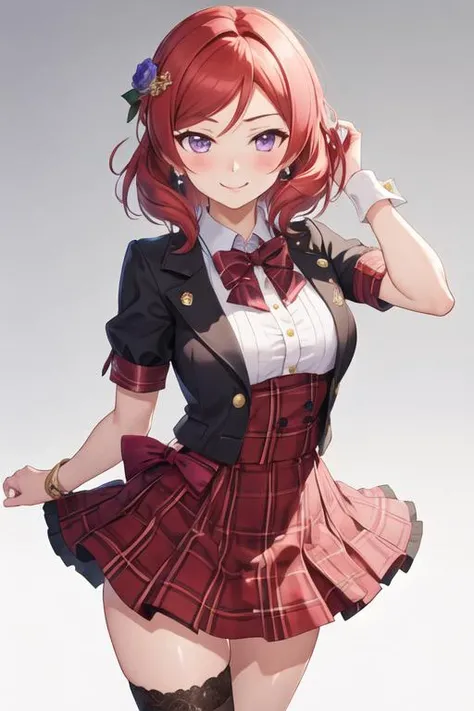 best quality, masterpiece, highres, solo, {nishikino_maki_lovelive:1.15}, red_hair, purple_eyes, blush, short_hair, smile