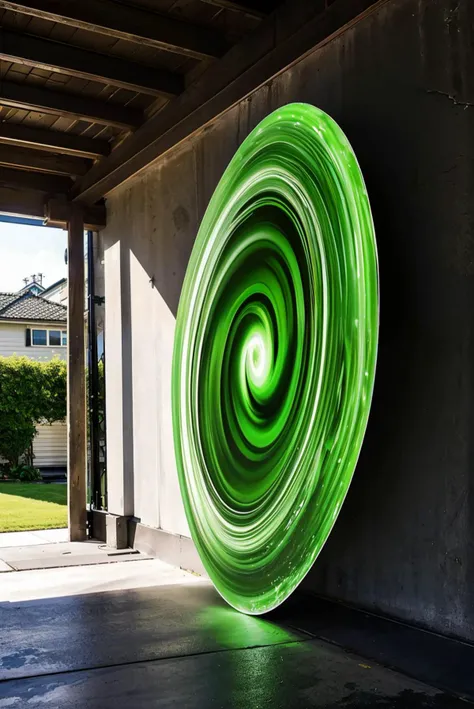 hdr, a green portal on a  wall, swirly, glowing aura, dynamic lighting, outside, neighborhood, house, sunny, <lora:greenportal4:.7>, extremely detailed,