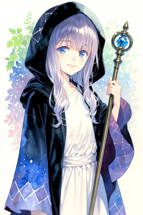 masterpiece, best quality, <lora:style19:1>,watercolor (medium), traditional media,  1girl, long hair, solo, hood, purple hair, smile, blue eyes, looking at viewer, dress, curly hair, closed mouth, staff, hood up, robe, white robe, holding, long sleeves, p...