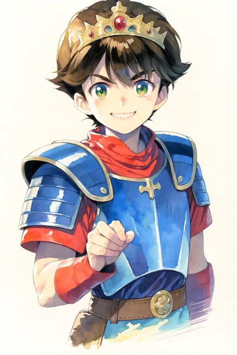 masterpiece, best quality, <lora:style19:1>,watercolor (medium), traditional media,brown hair, 1boy, sword, brown eyes, armor, male focus, weapon, smile, white background, grin, simple background, belt, clenched hand, wristband, looking at viewer, robot, g...