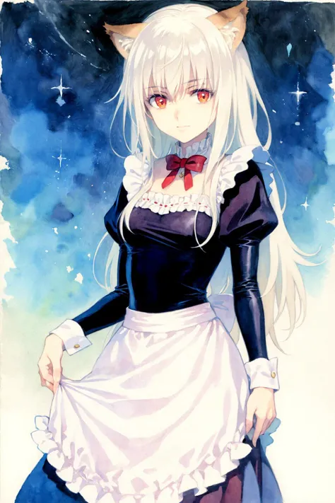 masterpiece, best quality, <lora:style19:1>,watercolor (medium), traditional media, 1girl,white hair,long hair,cat ears, red eyes,maid,