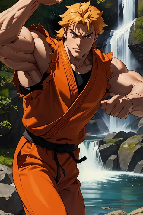 a close up of a person in an orange outfit near a waterfall