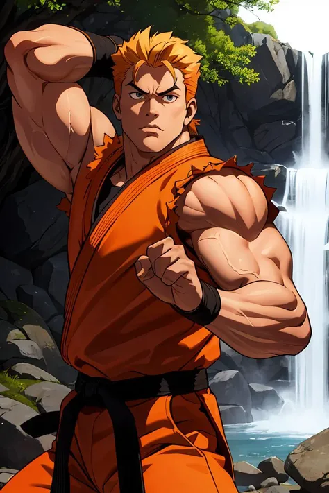 a close up of a person in an orange outfit near a waterfall