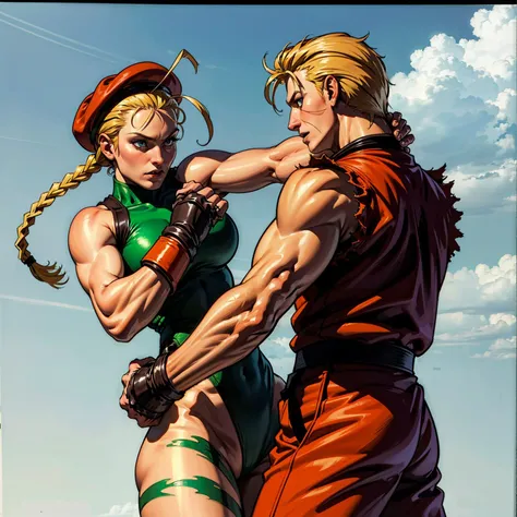 woman fighting with a man, cammy white,ryosaka,Ryo Sakazaki,masterpiece, best quality, highres, woman fighting with a man, blonde hair, antenna hair, beret, (red headwear:1.3), blue eyes, scar on cheek, green leotard, large breasts, sleeveless, red gloves,...