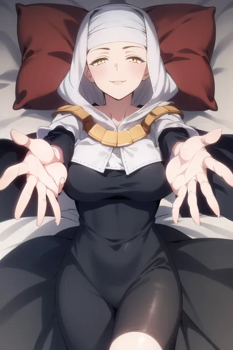 anime girl laying in bed with her hands out and eyes closed