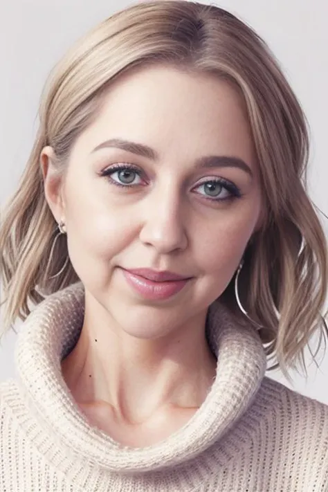 a close up of a woman with a sweater on and a necklace