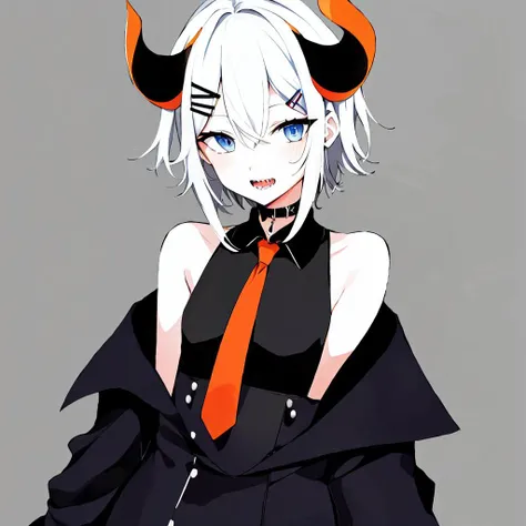 levi elipha,solo,1girl,<lora:levi elipha:0.8>,1girl, horns, virtual youtuber, solo, sharp teeth, teeth, necktie, hair ornament, open mouth, short hair, looking at viewer, smile, choker, blush, orange necktie, grey eyes, shirt, hairclip, grey hair, blue eye...