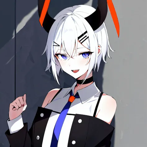 levi elipha,solo,1girl,<lora:levi elipha:0.8>,1girl, horns, virtual youtuber, solo, sharp teeth, teeth, necktie, hair ornament, open mouth, short hair, looking at viewer, smile, choker, blush, orange necktie, grey eyes, shirt, hairclip, grey hair, blue eye...