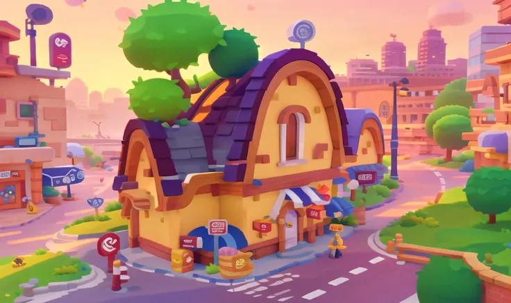 a close up of a cartoon town with a street and buildings