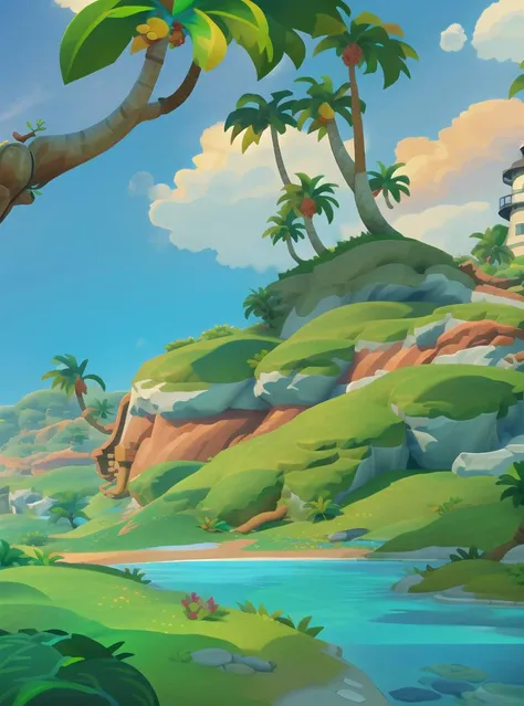 a cartoon style image of a tropical island with palm trees