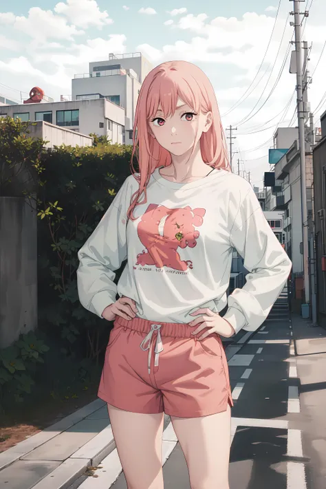 anime girl in pink shorts and a white shirt standing on a street