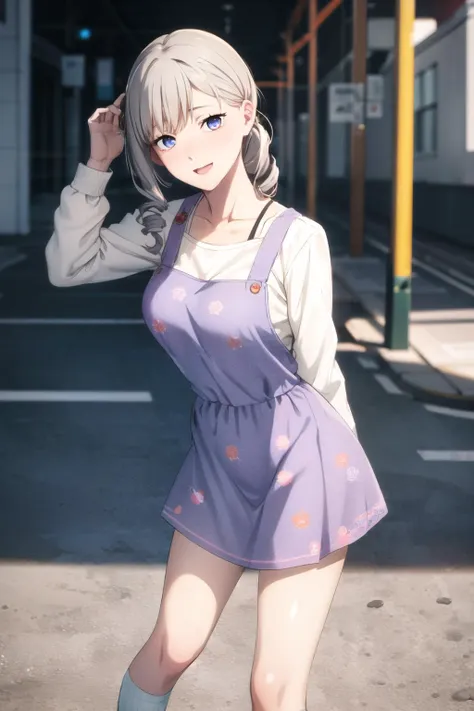 masterpiece, best quality,1girl,<lora:Loha:0.8>,chainsawman,
large breasts  (eyes visible through hair)
amber eyes, 
- gray hair, 
medium hair , 
ponytail, 
wavy hair , 
crossed bangs, 
sideburns , 
:D, 
nose blush , 
light orange camisole blond pleated sk...