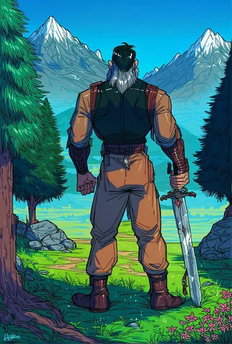 score_9,score_8_up,score_7_up,score_6_up,score_5_up,score_4_up rating_explicit, solo,black hair,1boy,holding,standing,weapon,flower,grey hair,male focus,outdoors,sword,from behind,tree,facial hair,grass,sheath,nature,scenery,beard,sheathed,rock,mountain,we...