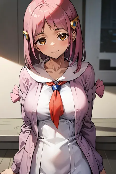 anime girl with pink hair and a white dress and red tie