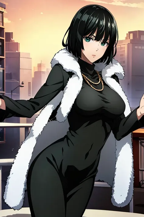 anime girl in black outfit with white fur coat and black pants