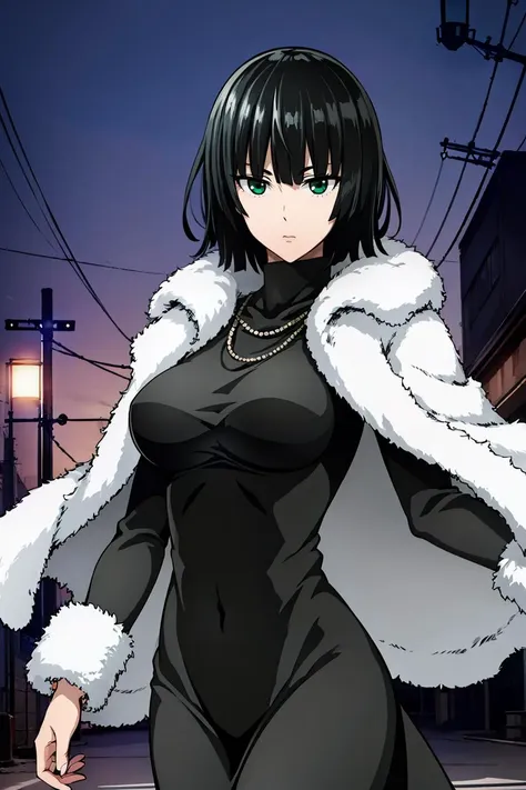 a woman in a black dress and white fur coat walking down a street