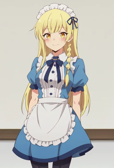 <lora:Balirossa:0.9> balirossa, blonde hair, long hair, 1girl, side braid, solo, yellow eyes, medium breasts, blush,     <lora:cafe_terrace_maid:0.7>cafemaid, pantyhose, cowboy shot, close up, smile, score_9, score_7_up,anime coloring ,source_anime, anime