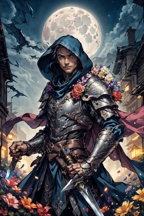 flower4rmor, photo of a Peruvian man wearing flower rogue armor, fantasy medieval city background, dynamic movement, holding flower daggers, cloak, hood, alley, (night), moon, close up, best quality, masterpiece, detailed background, depth of field, intric...