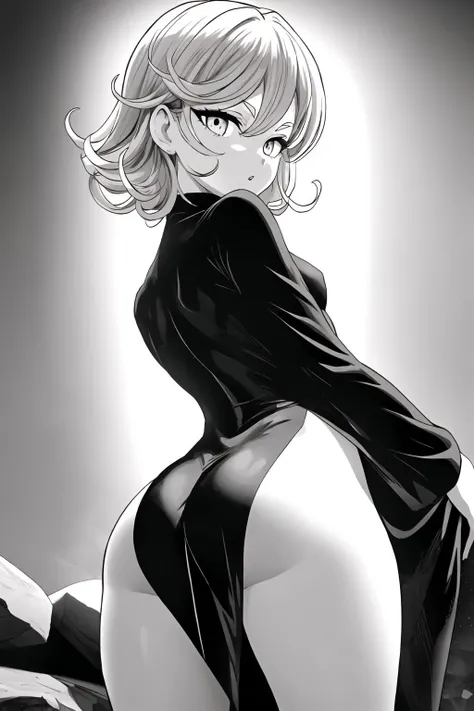 (masterpiece),(best quality),highres,monochrome,greyscale,cowboy shot,looking at viewer,from back,looking back,
1girl,uncensored,short hair,curly hair,small breasts,dress,
no panties,pelvic curtain,back,
extremely detailed face,covered navel,ass,
wide hips...