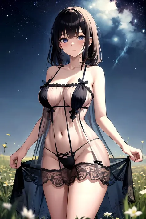 masterpiece, best quality, highres, 1girl, see-through ,dress, underwear, navel, meadow, starry sky ,large breasts, <lora:Ladies sexy nightgown lingerie bodysuit(74):0.7>