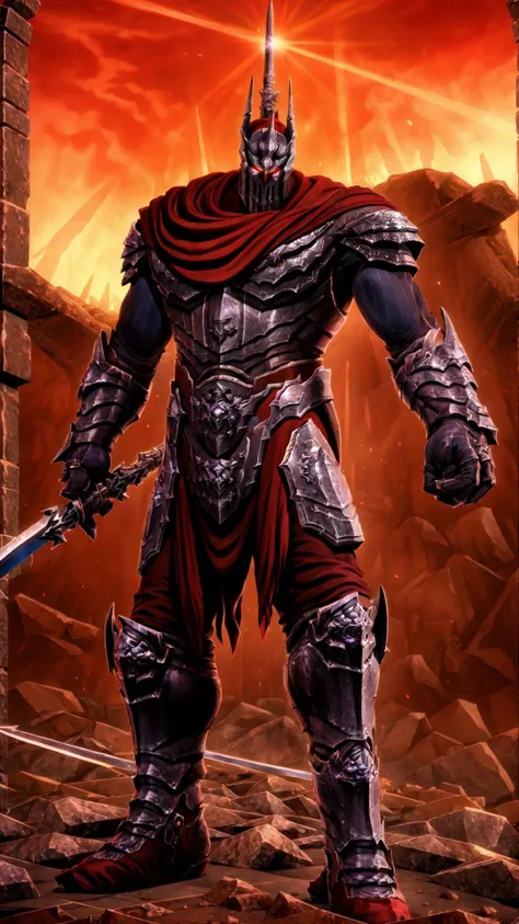 a man in armor standing in front of a red background