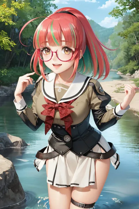 (masterpiece, best quality:1.2),, cowboy shot, solo, 1girl, kantaiume, smile, looking at viewer, wading, ahoge, ponytail, glasses, sailor shirt, red bow, grey sailor collar, juliet sleeves, corset, grey skirt <lora:kancolle_ume-11:1.0>