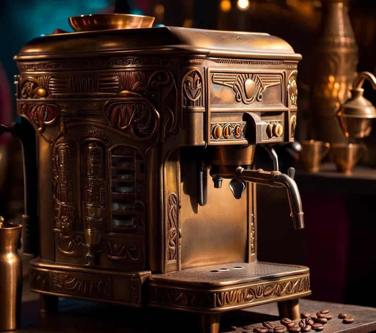 <lora:CulturePunkAI_2:.9>OldEgyptAI   coffee machine  Highly detailed, amazing, Impressive lighting, vibrant colors, Ultra Realistic, High quality, Highly detailed, trending on artstation