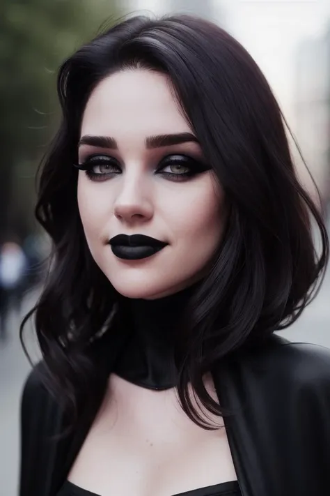 a woman with black lipstick and a black jacket on