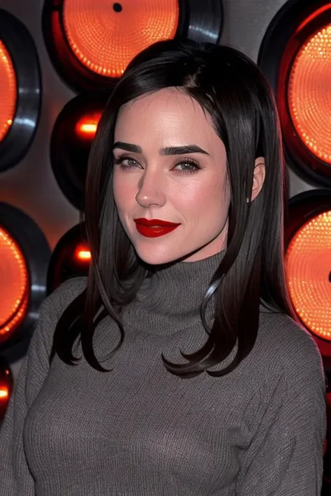 a close up of a woman with a red lipstick and a gray sweater