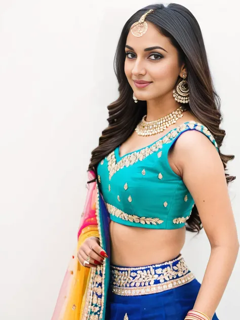 professional portrait photo, fully dressed, pretty, 25-year-old, wearing colorful blue lehenga choli, simple white matte backgro...