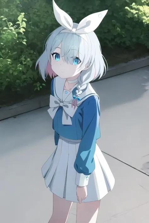 anime girl with white hair and blue eyes in a blue dress