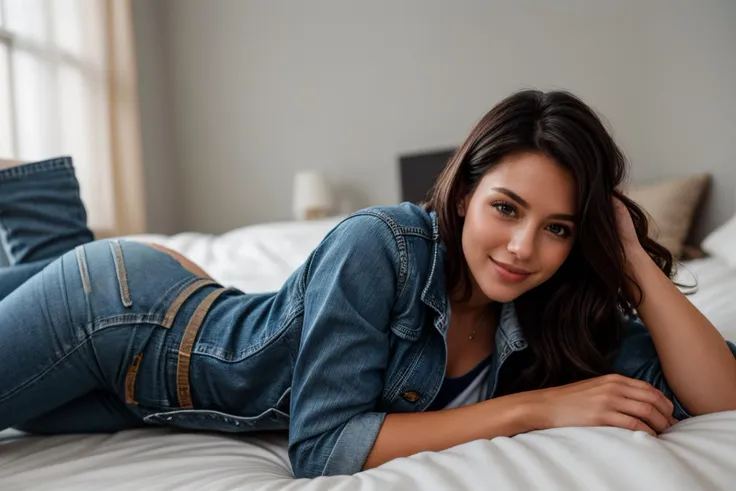 full body,from below,photo of a woman,lying on bed,happy,looking at viewer,denim jacket,t-shirt,long denim pants,bedroom,ray tra...