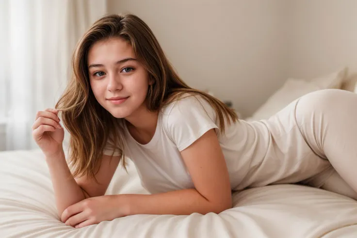 photo of a 18 year old girl,happy,lying,on stomach,on bed,shirt,pants,ray tracing,detail shadow,shot on fujifilm x-t4,85mm f1.2,...