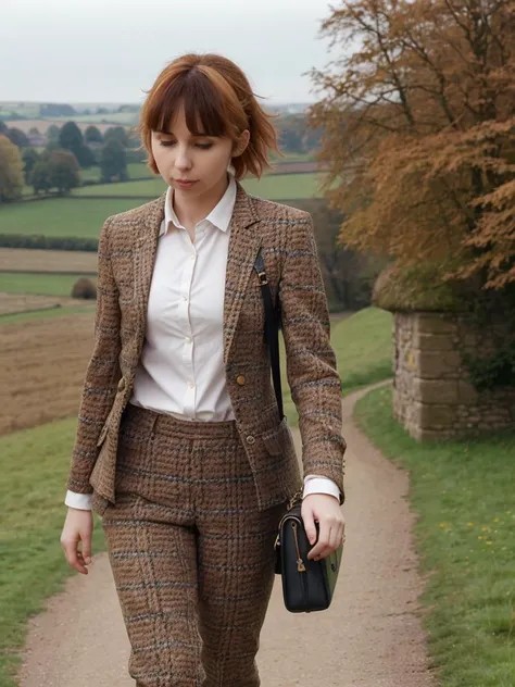 arielRebelTi wearing a tweed suit walking in the english countryside carrying a leather satchel