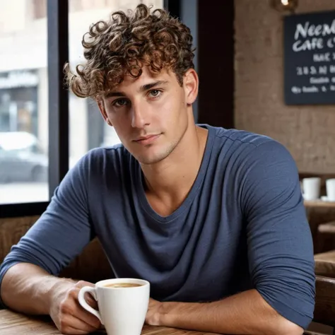 Hyperrealistic art photo of typerson a man, curly hair, wearing a casual outfit, looking at viewer, at a cafe,  <lora:ty_xl:.9> . Extremely high-resolution details, photographic, realism pushed to extreme, fine texture, incredibly lifelike