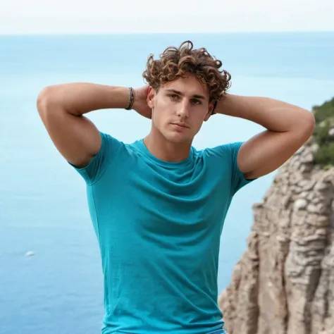 Hyperrealistic art photo of typerson a man, curly hair, hands behind head, on a cliff, wearing a summer outfit, looking at viewer,  <lora:ty_xl:.9> . Extremely high-resolution details, photographic, realism pushed to extreme, fine texture, incredibly lifel...