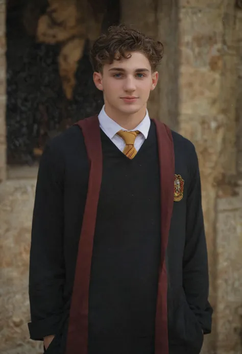 arafed young man in a harry potter outfit standing in front of a stone wall