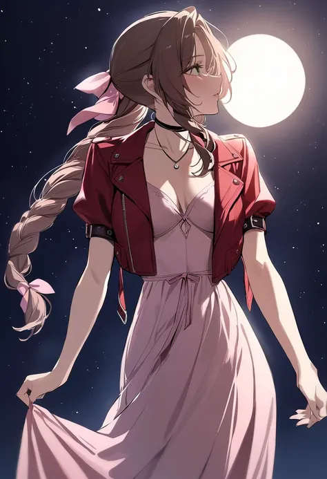 masterpiece, best quality, 1girl, solo, <lora:aerith-xl-nvwls-v1:1> defaerith, braided ponytail, pink hair bow, choker, necklace, cropped jacket, red jacket, short sleeves, pink dress, long dress, night, night sky, moon, moon light