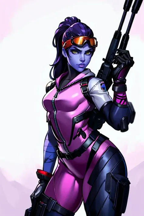 masterpiece,best quality,extreme detail,8k,image sharpness,<lora:widowmaker-10:0.8>, widow2,1girl,solo,long hair,breasts,looking at viewer,gloves,standing,yellow eyes,weapon,purple hair,cowboy shot,artist name,official alternate costume,lips,gun,bodysuit,m...