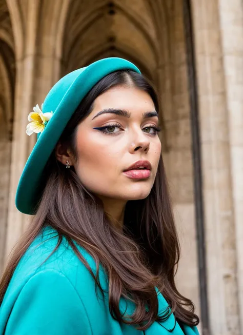 arafed woman in a green hat and coat looking away