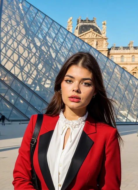 woman in red jacket and white shirt standing in front of a pyramid